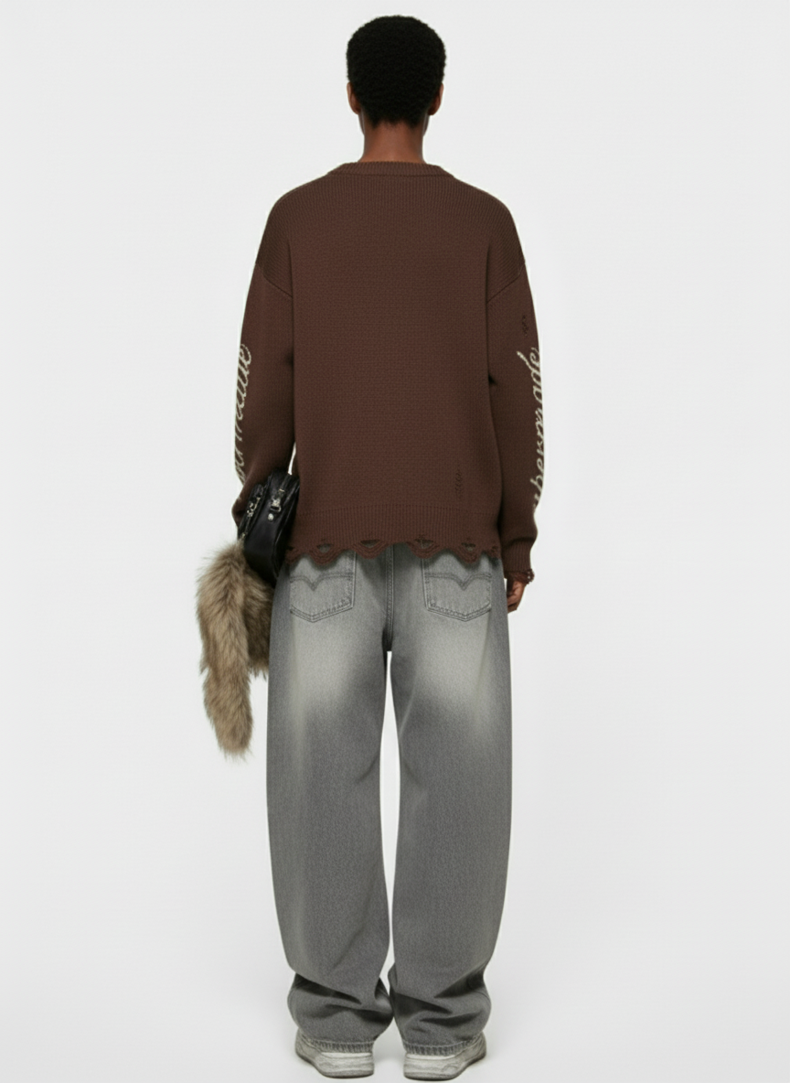 Retro Washed Distressed Curved Blade Wide-Leg Jeans