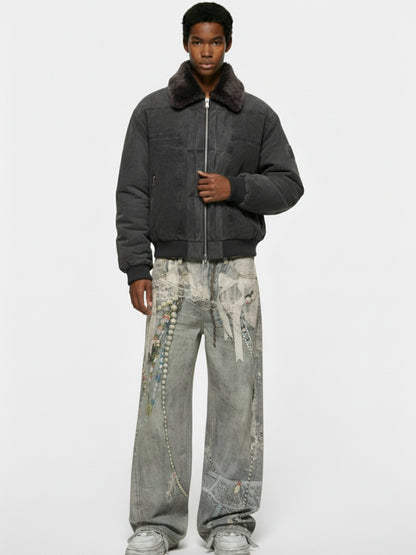 Retro Artistic Beaded Collage Print Straight Jeans