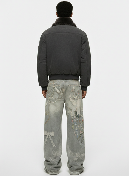 Retro Artistic Beaded Collage Print Straight Jeans