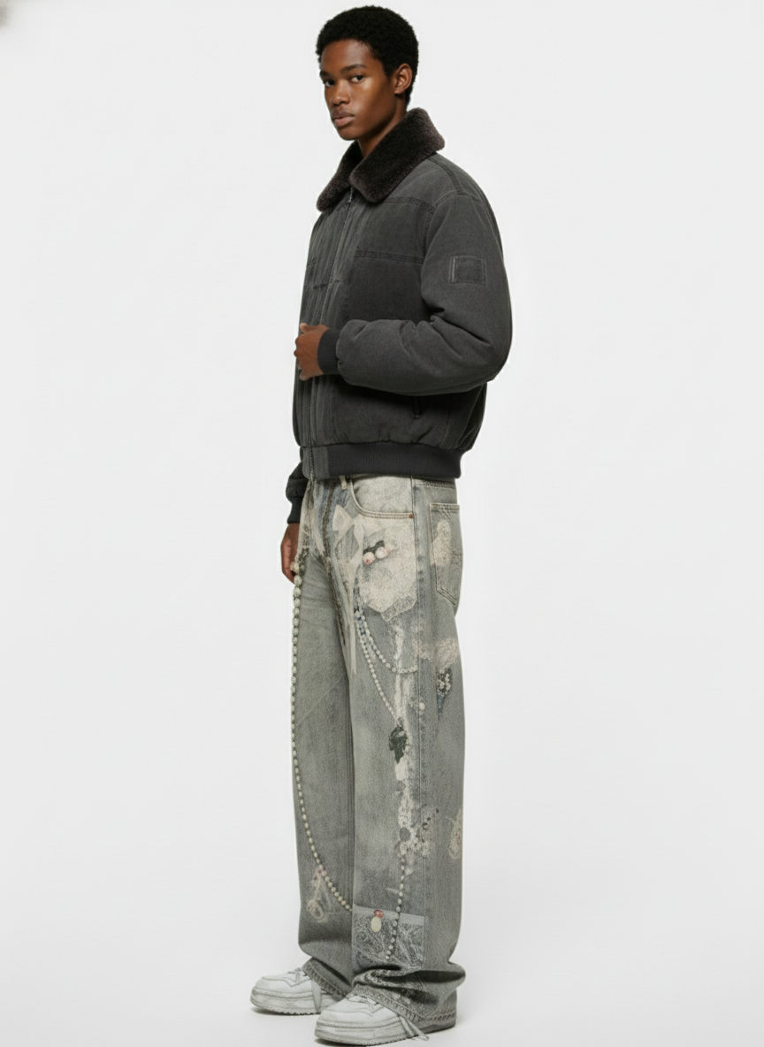 Retro Artistic Beaded Collage Print Straight Jeans