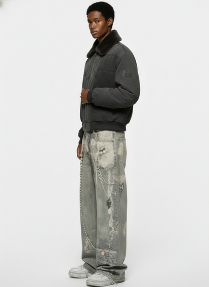 Retro Artistic Beaded Collage Print Straight Jeans