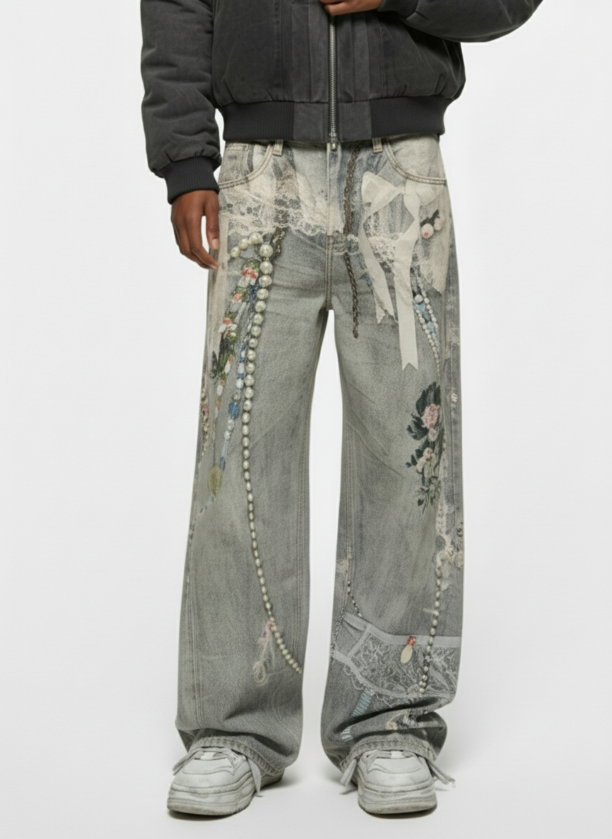 Retro Artistic Beaded Collage Print Straight Jeans