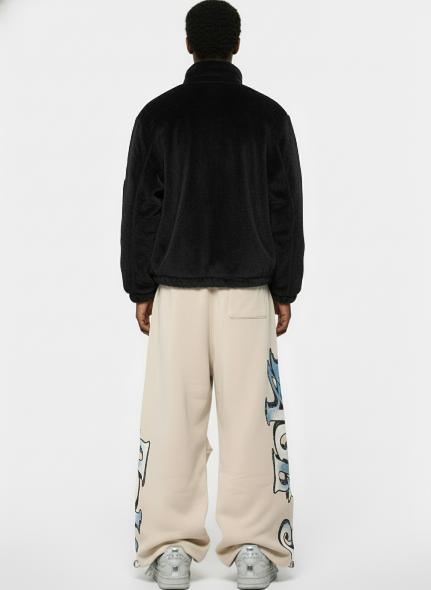 Retro Fleece-Lined Letter Graffiti Print Baggy Sweatpants