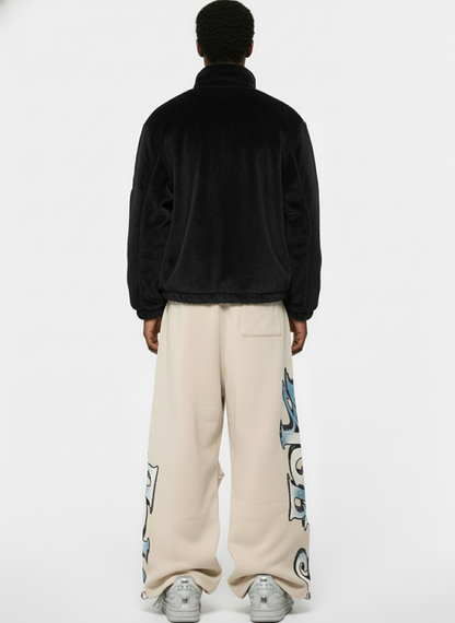Retro Fleece-Lined Letter Graffiti Print Baggy Sweatpants