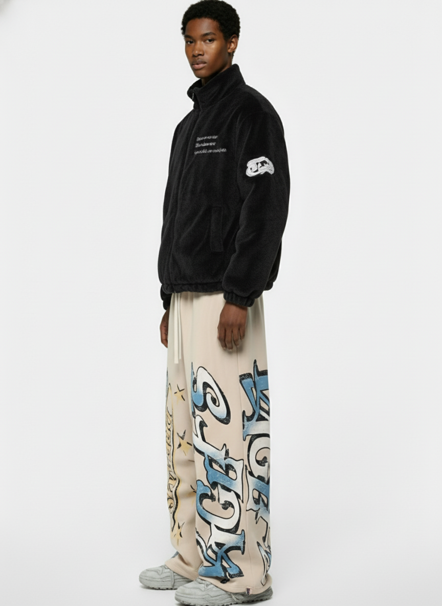Retro Fleece-Lined Letter Graffiti Print Baggy Sweatpants