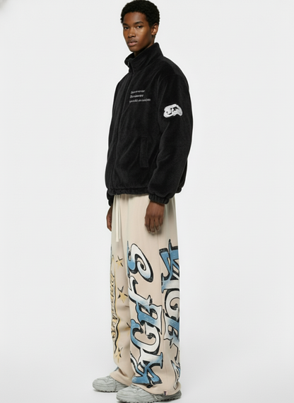 Retro Fleece-Lined Letter Graffiti Print Baggy Sweatpants