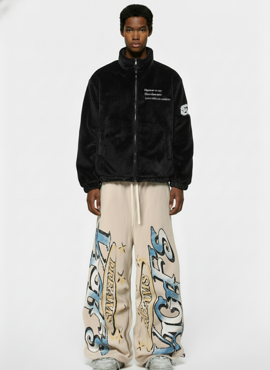 Retro Fleece-Lined Letter Graffiti Print Baggy Sweatpants