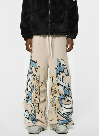 Retro Fleece-Lined Letter Graffiti Print Baggy Sweatpants