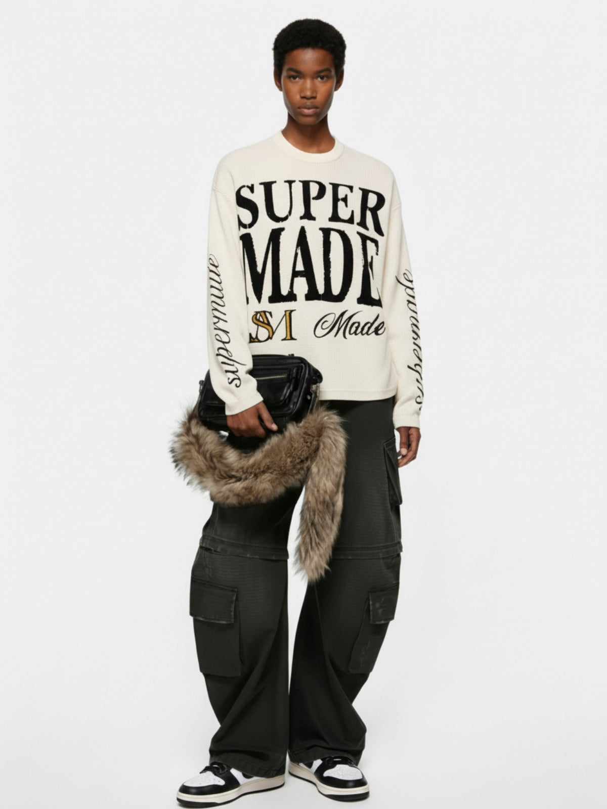 Retro Letter Print Waffle Simplicity Long-Sleeved T-Shirt