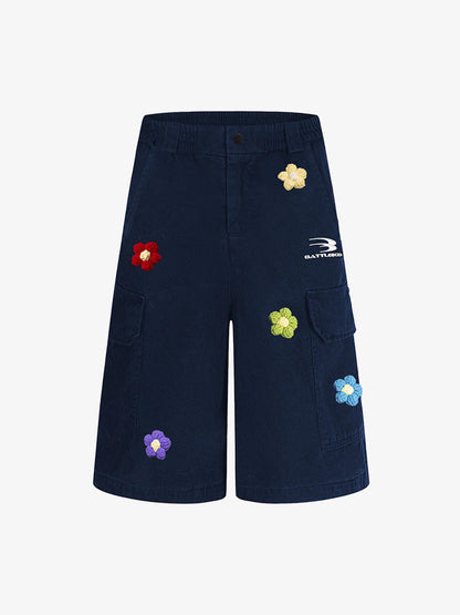 Retro Floral Embroidered Pleated Multi-Pocket Cargo Jorts 