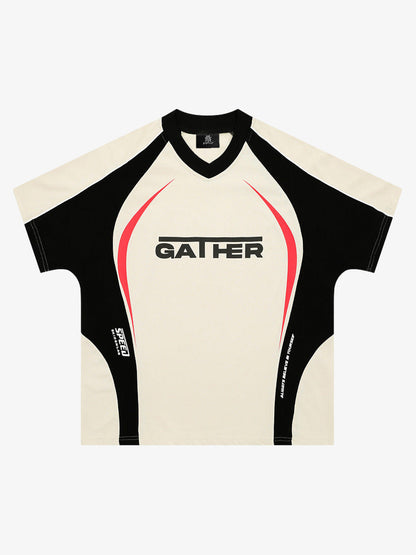 Contrast Color Stitching V-neck Short-sleeved T-shirt 