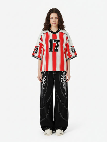 Thesupermade Vintage Striped Baseball Short-sleeved Knit Sweater - 2249