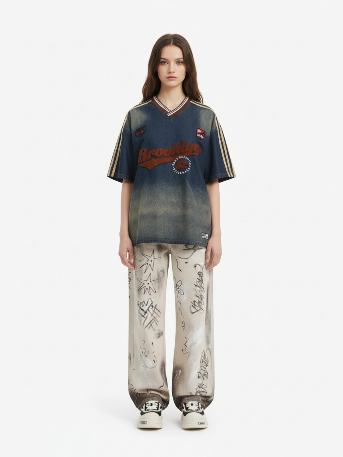 Denim Vintage Washed Distressed Gradient Embroidery T-Shirt