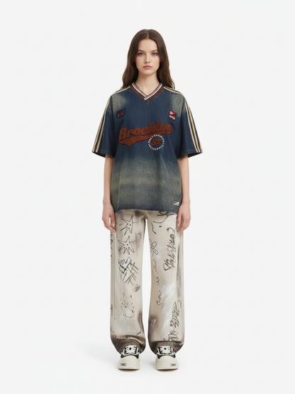 Denim Vintage Washed Distressed Gradient Embroidery T-Shirt