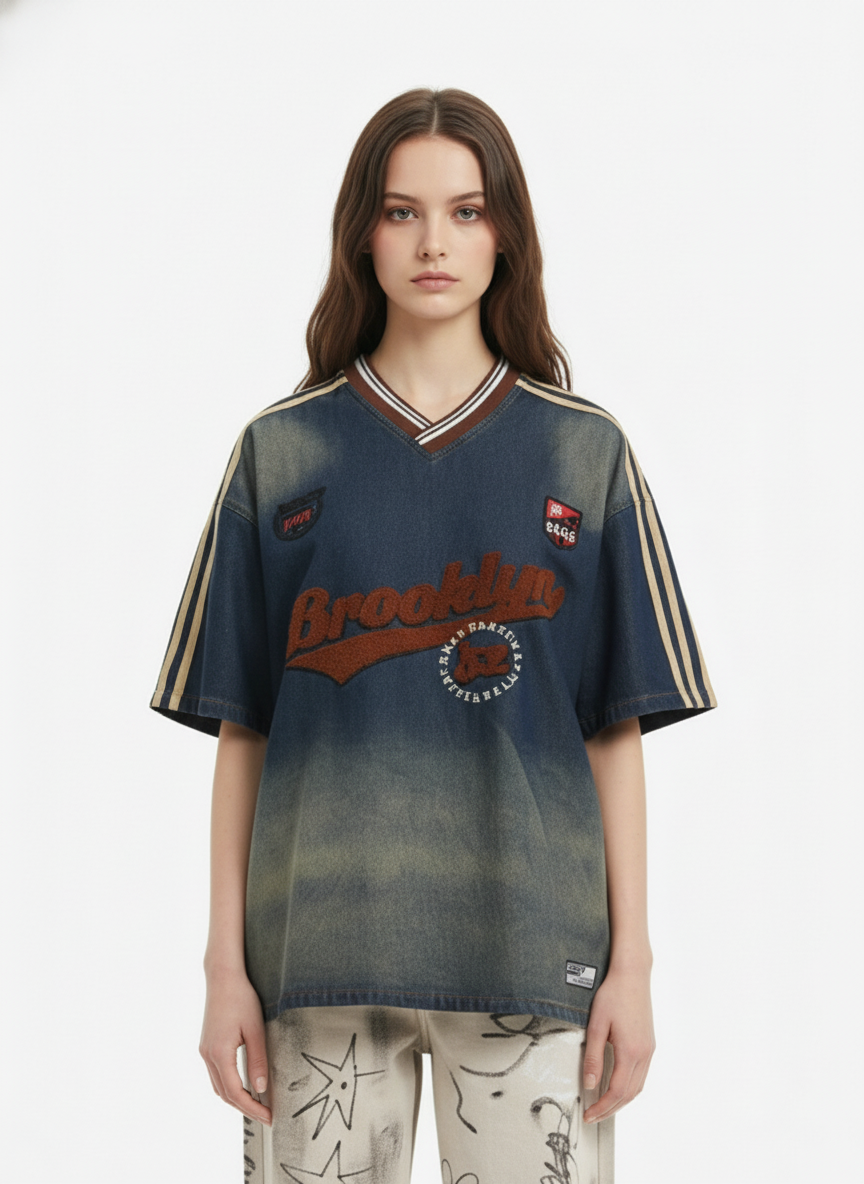 Denim Vintage Washed Distressed Gradient Embroidery T-Shirt