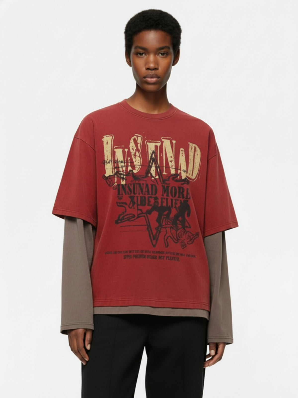 Street Color Matching Faux Two-Piece Printed T-Shirt - 2451