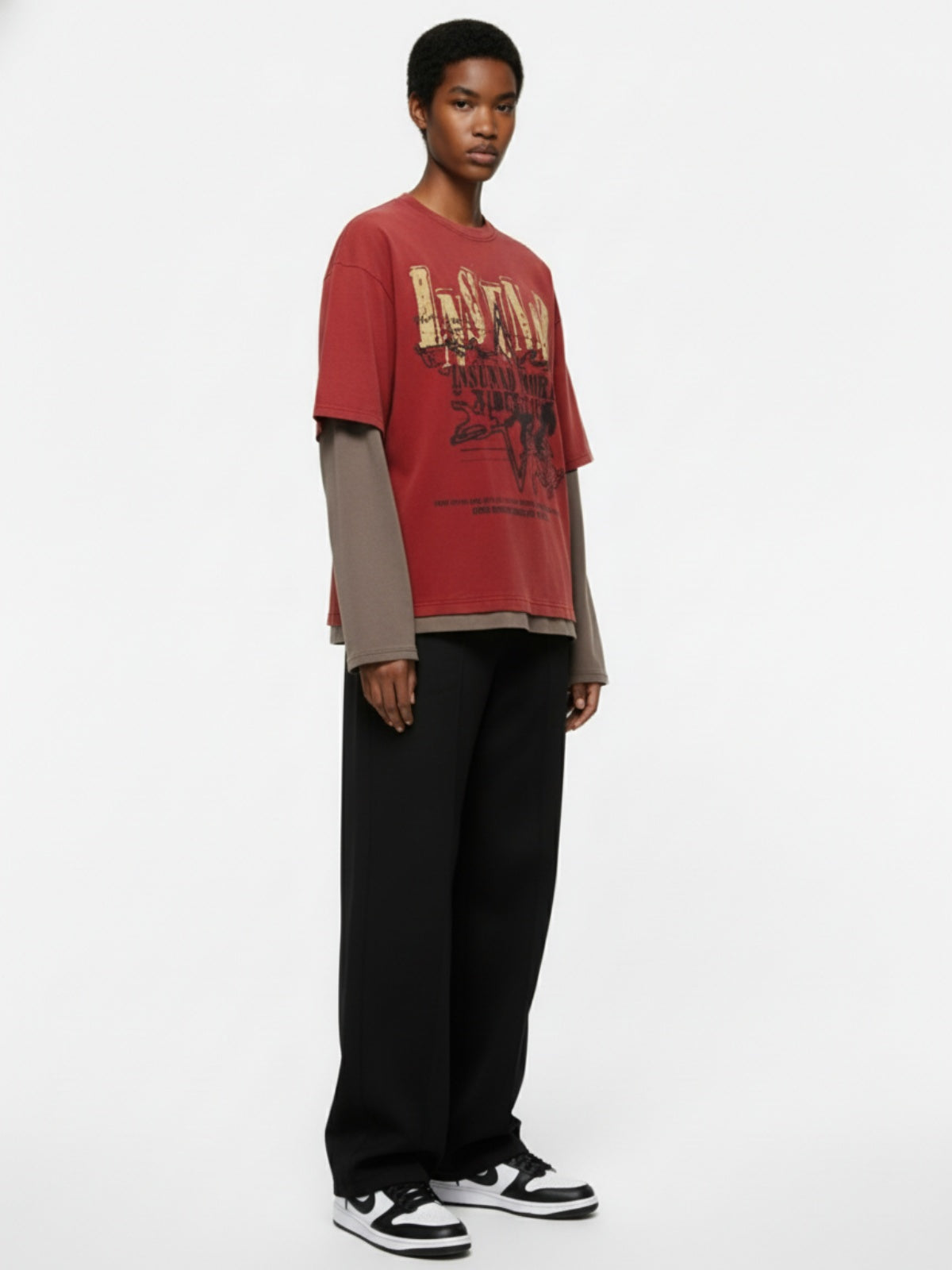 Street Color Matching Faux Two-Piece Printed T-Shirt - 2451