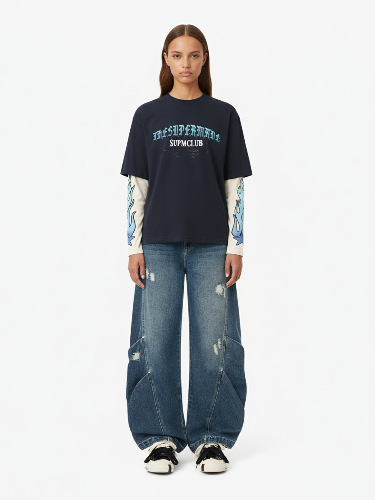 Gradient Letter Print Patchwork Faux Two-Piece Long-Sleeved T-Shirt