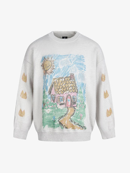 Retro Cozy Cottage Pattern Fun Graffiti Sweater
