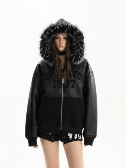 PU Leather Faux Fur Hooded Trim Fleece Spliced Zip Up Jacket