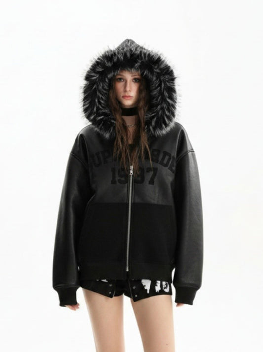 PU Leather Faux Fur Hooded Trim Fleece Spliced Zip Up Jacket