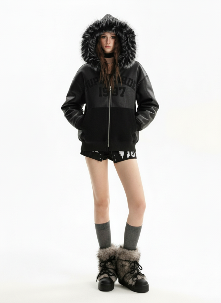 PU Leather Faux Fur Hooded Trim Fleece Spliced Zip Up Jacket