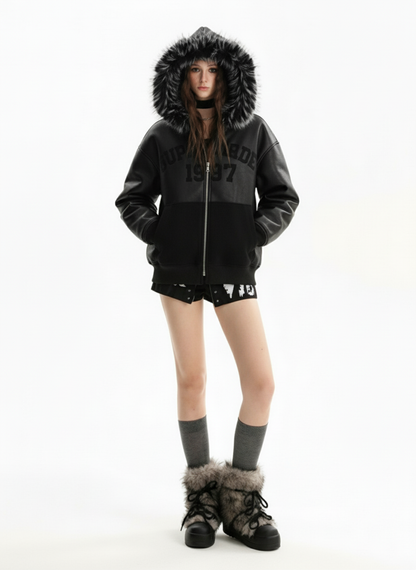 PU Leather Faux Fur Hooded Trim Fleece Spliced Zip Up Jacket
