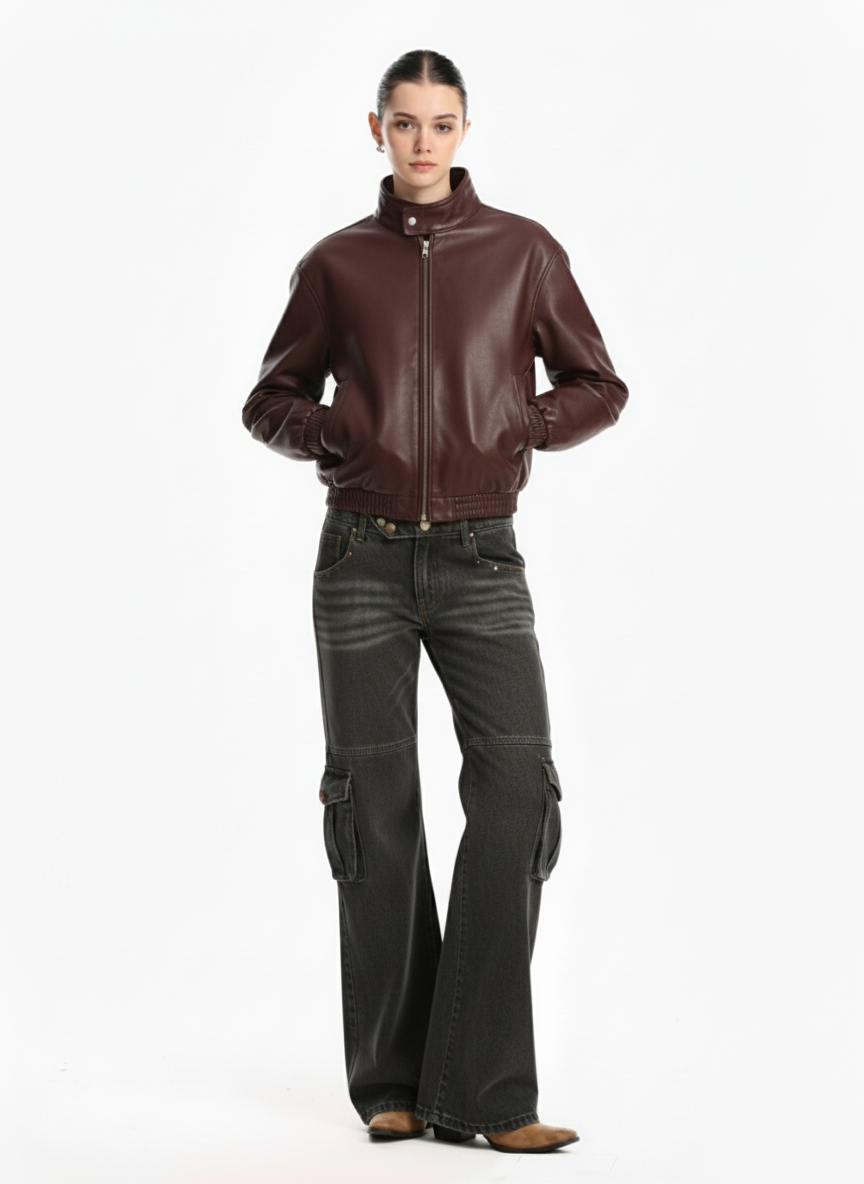 Retro Leather Stand-Collar Elastic Hem Jacket
