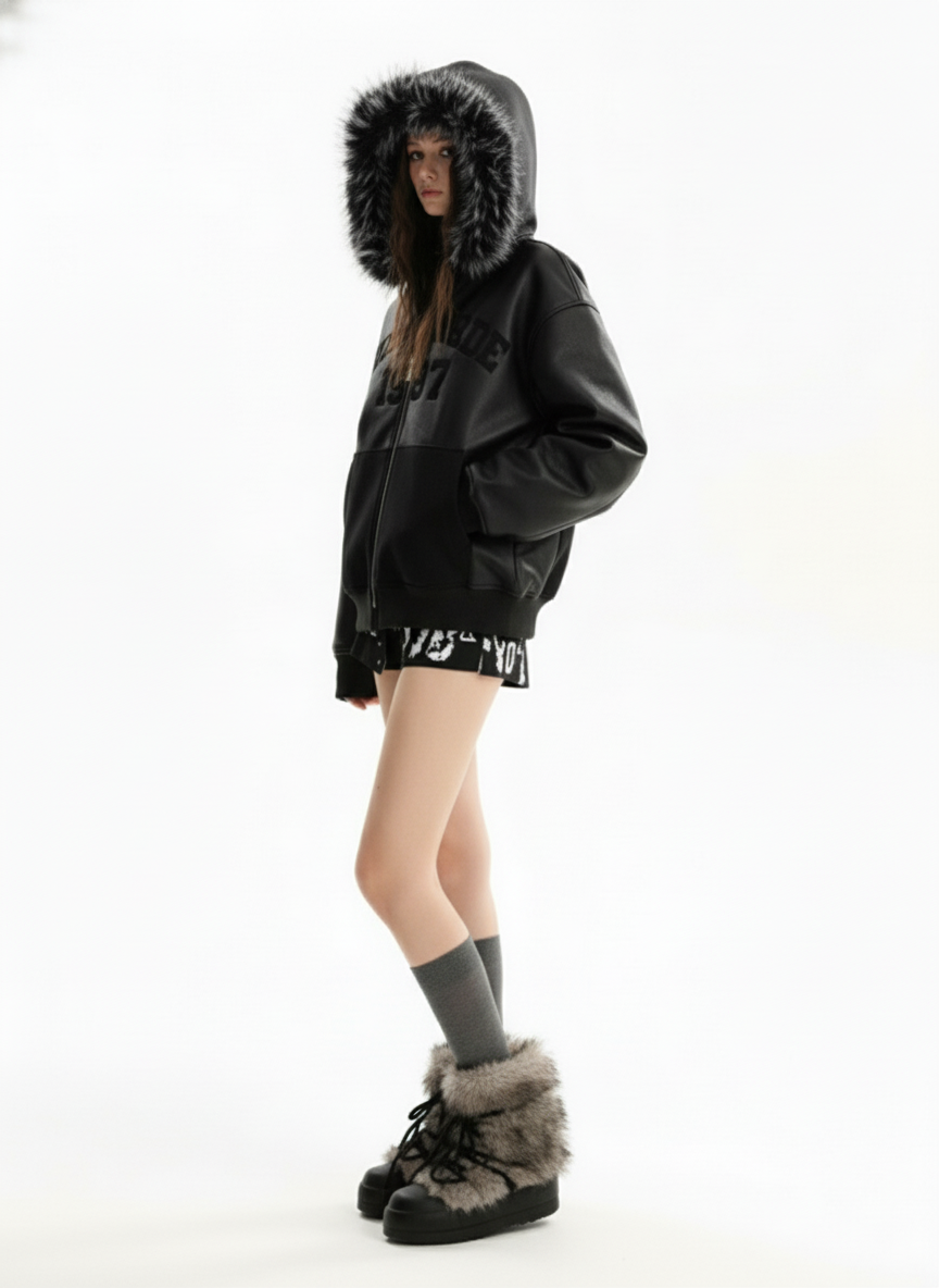 PU Leather Faux Fur Hooded Trim Fleece Spliced Zip Up Jacket