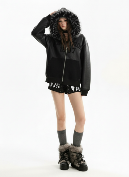 PU Leather Faux Fur Hooded Trim Fleece Spliced Zip Up Jacket