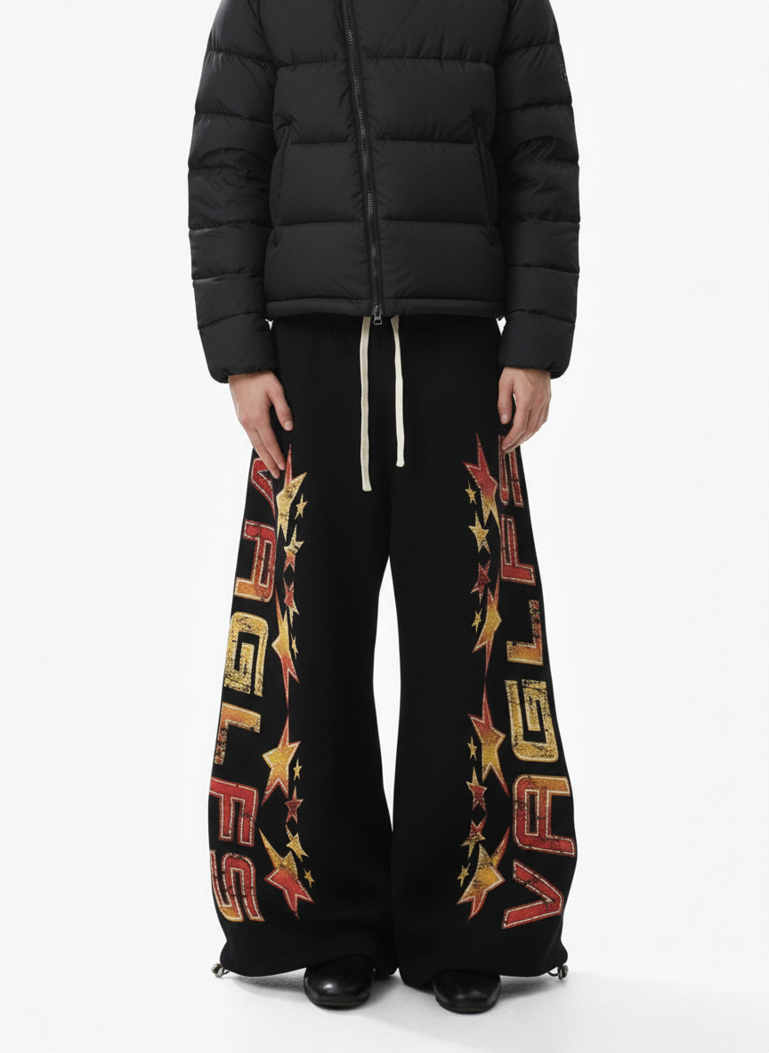 Retro Contrast Letter Star Print Fleece-Lined Sweatpants