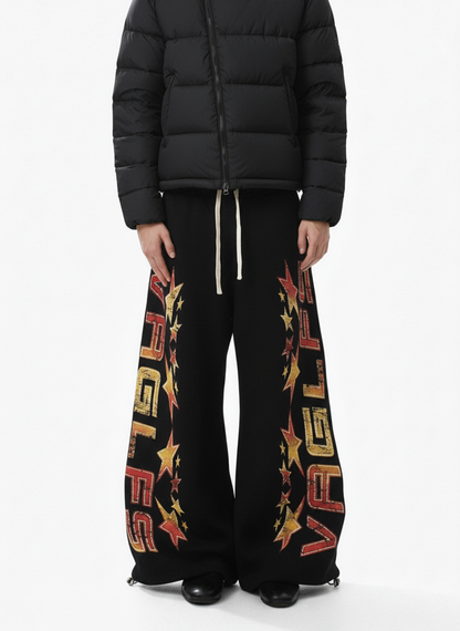 Retro Contrast Letter Star Print Fleece-Lined Sweatpants