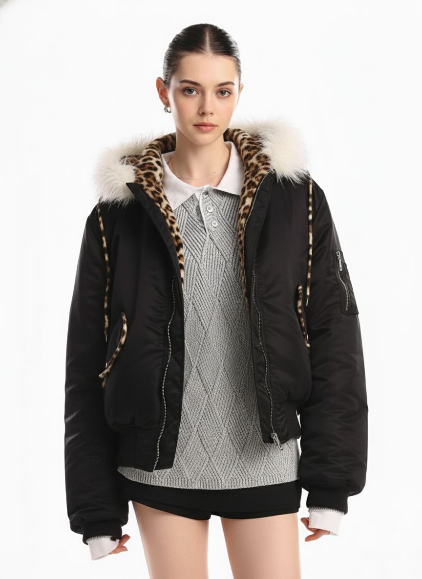 Retro Fur Collar Leopard Lined Bomber Jacket