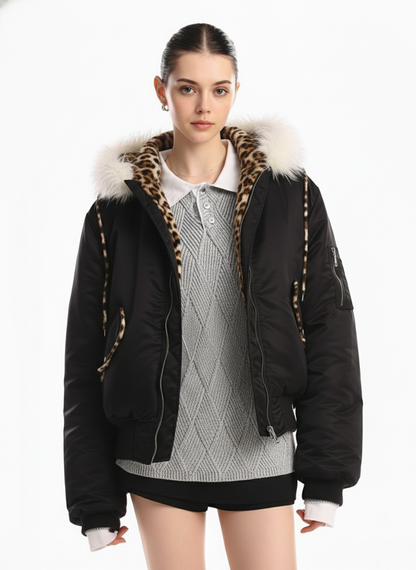 Retro Fur Collar Leopard Lined Bomber Jacket