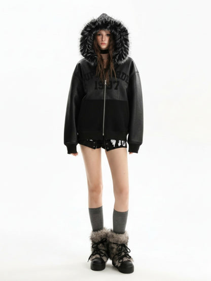 PU Leather Faux Fur Hooded Trim Fleece Spliced Zip Up Jacket
