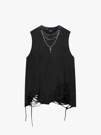 Cotton Ripped Sleeveless Tank Top with Frayed Hem and Cut-Out Details for Edgy Streetwear Style 