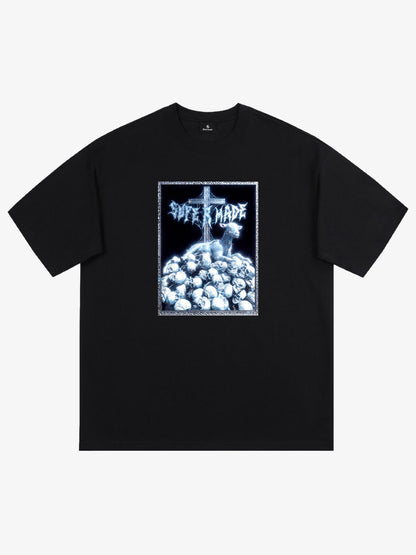 The Supermade-Cotton Black And White"The Silence Of The Lambs" T-Shirt With Gothic Cross And Skulls Graphic Print - Dark 