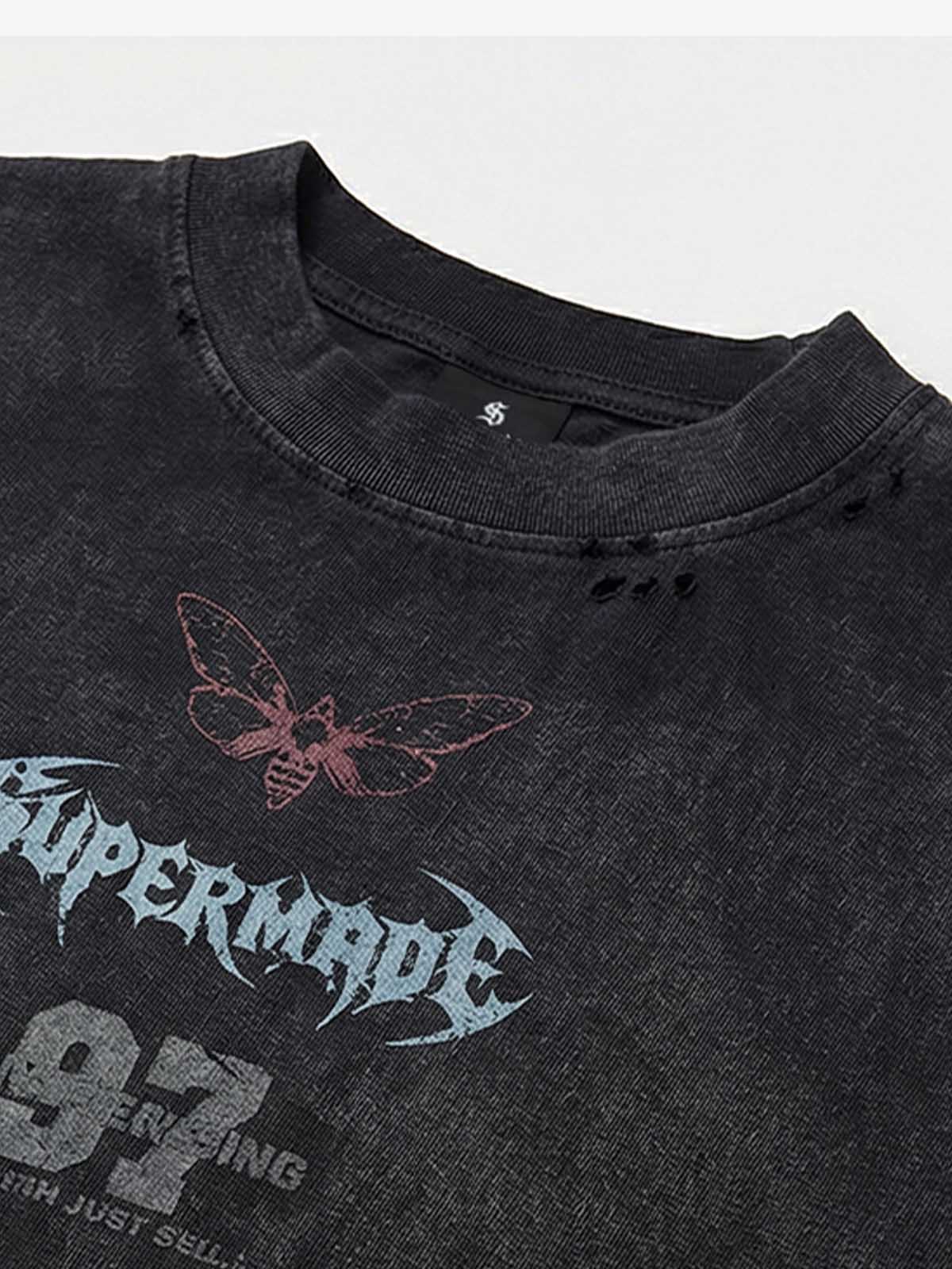 thesupermade-Unisex Loose Distressed Digital Wash Retro Street Print Short-Sleeve T-Shirt?