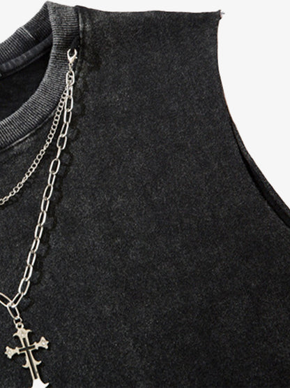 Cotton Ripped Sleeveless Tank Top with Frayed Hem and Cut-Out Details for Edgy Streetwear Style 