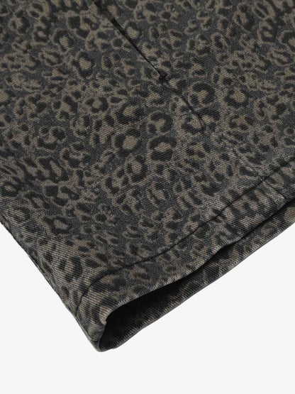 Cotton Leopard Print High-Waisted Wide-Leg Pants with Pleated Design and Decorative Tassel 