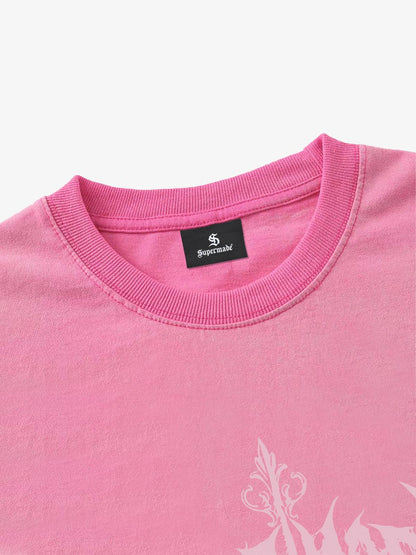 Thesupermade-Unisex Loose-fit Gradient Pink And Black Street Punk T-shirt With Gothic Pattern Print, Suitable For Street?