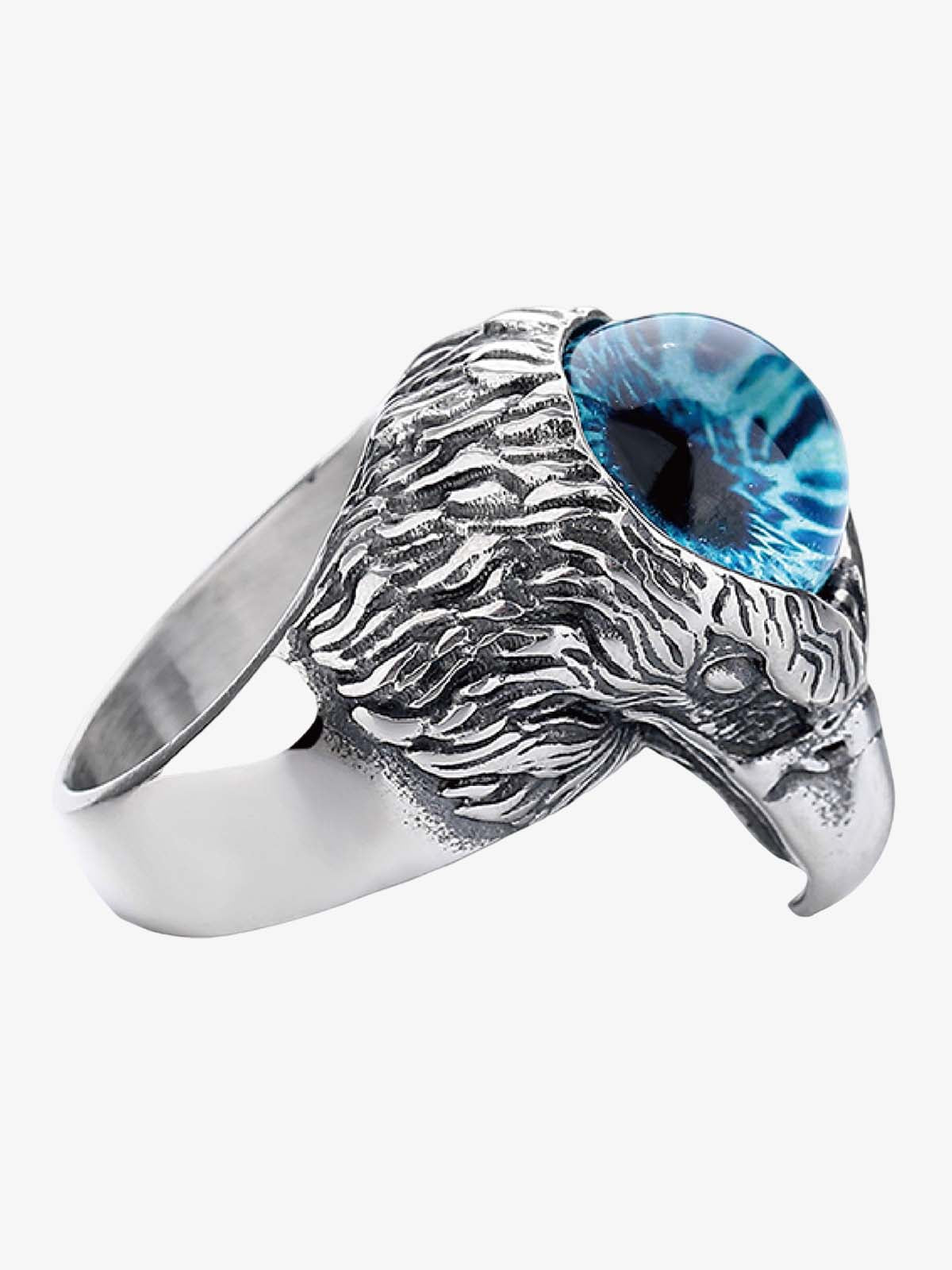 Stainless Steel Blue Eye Eagle Head Ring Men's Punk Jewelry Fashion Statement Ring with Detailed Carving and Unique Design 