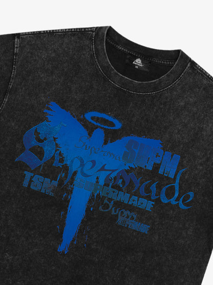 THE SUPERMADE Distressed Graphic Print Oversized T-Shirt with Bold Typography Design 