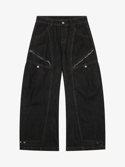 Wide-Leg Denim Trousers with Distressed Pockets and Functional Design 