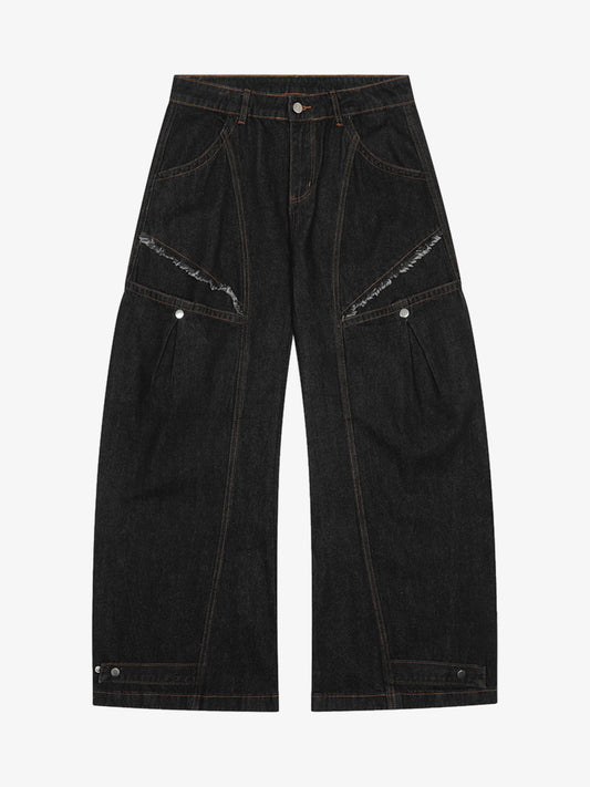 Wide-Leg Denim Trousers with Distressed Pockets and Functional Design 
