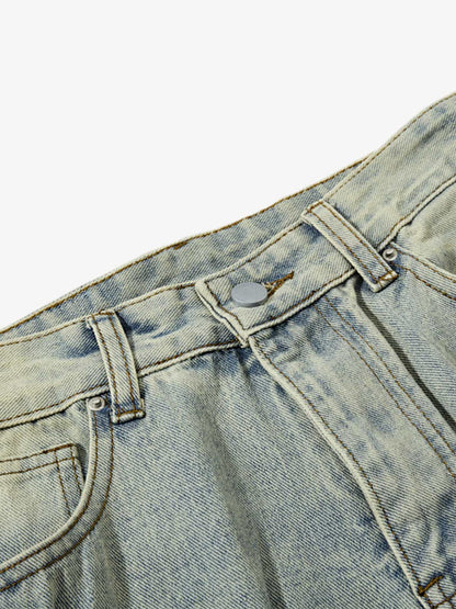 Denim Wide Leg Pants with Distressed Wash and Metal Studs?