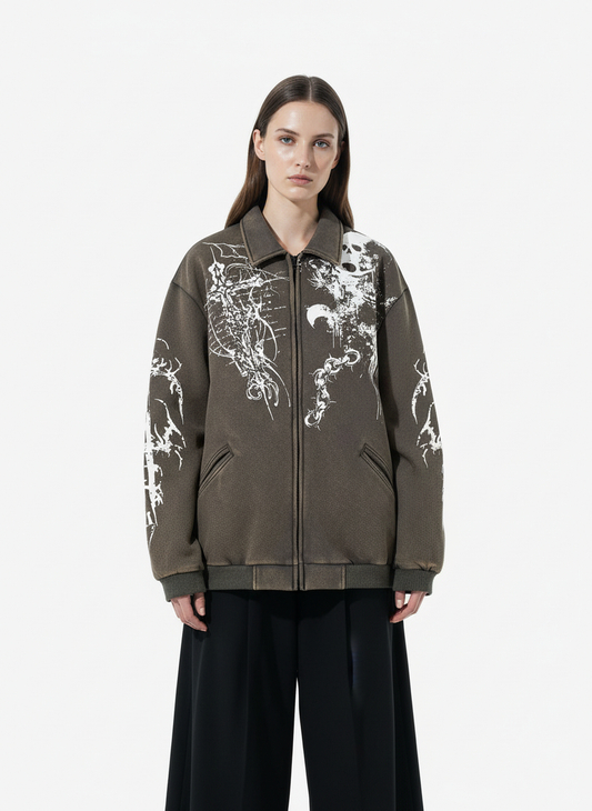 Retro Dark Skull Cross Print Lapel Zipper Jacket