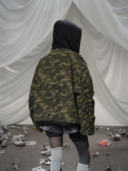 Camouflage Hooded Jacket with Distressed Details and Toggle Closure 