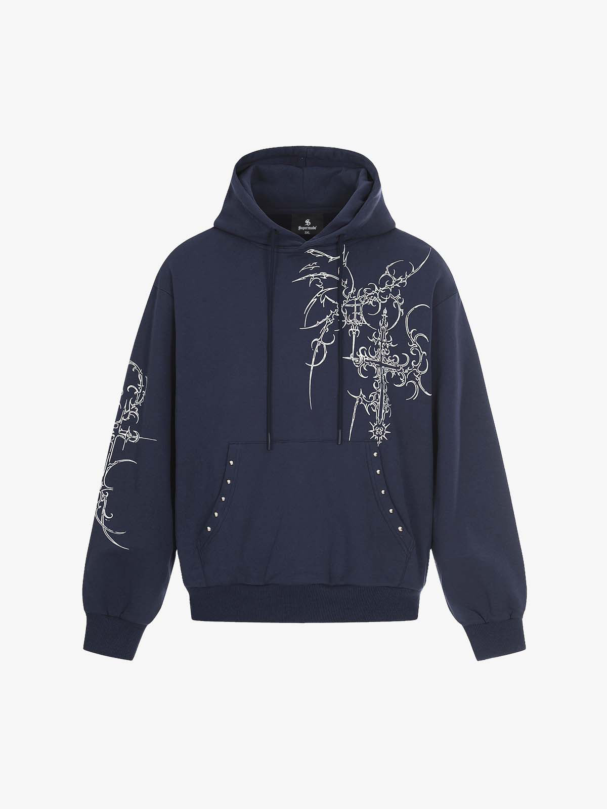 Floral Line Art Studded Pocket Hoodie