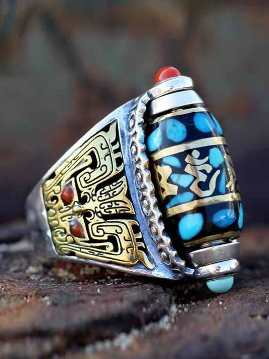 Sterling Silver Turquoise and Coral Inlay Ring with Ancient Chinese Pattern and Om Symbol 